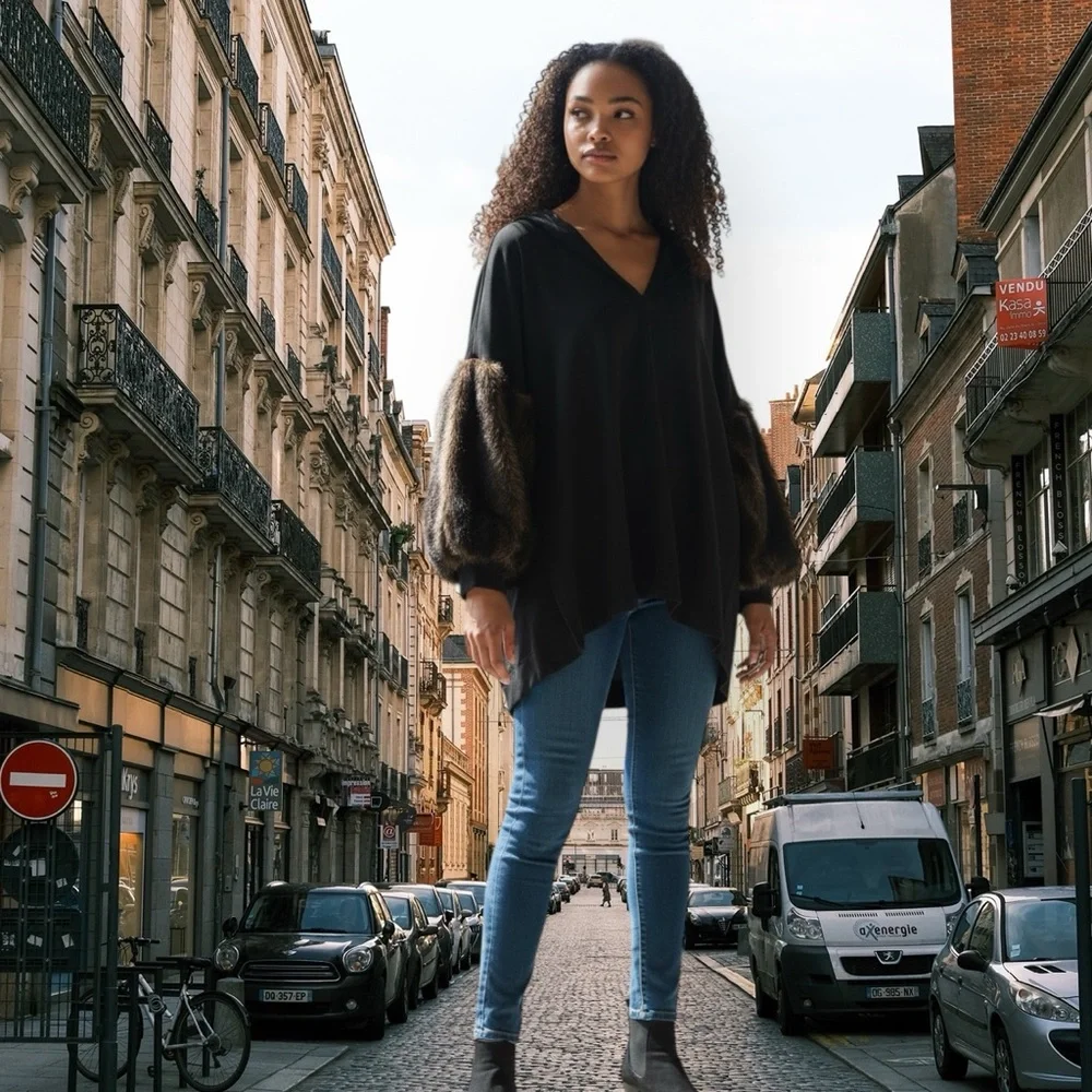 Vintage style Zara Black V-Neck Tunic with Faux-Fur Brown Balloon Sleeves - Picture 4 of 12